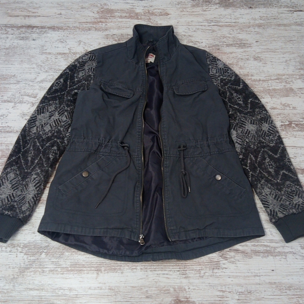 Utility Knit Pattern Tie String Sweater Zip Up Ja… - image 1